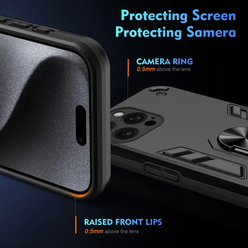 WANLONFENG for iPhone 16 Pro Max YS Series Case Kicktand Shockproof PC TPU Phone Cover with 2Pcs Tempered Glass Film - Black - 4