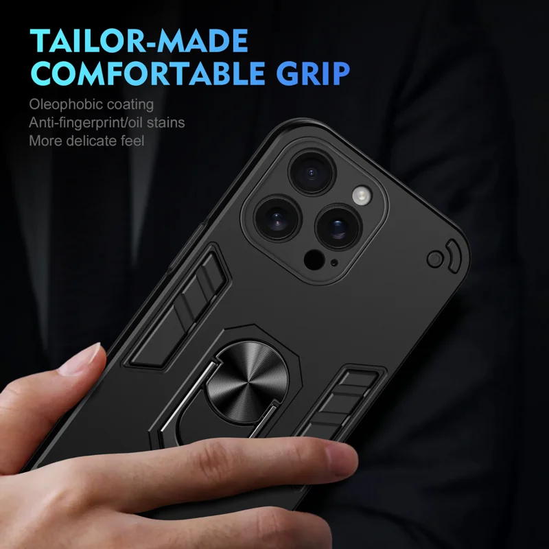 WANLONFENG for iPhone 16 Pro Max YS Series Case Kicktand Shockproof PC TPU Phone Cover with 2Pcs Tempered Glass Film - Black - 6