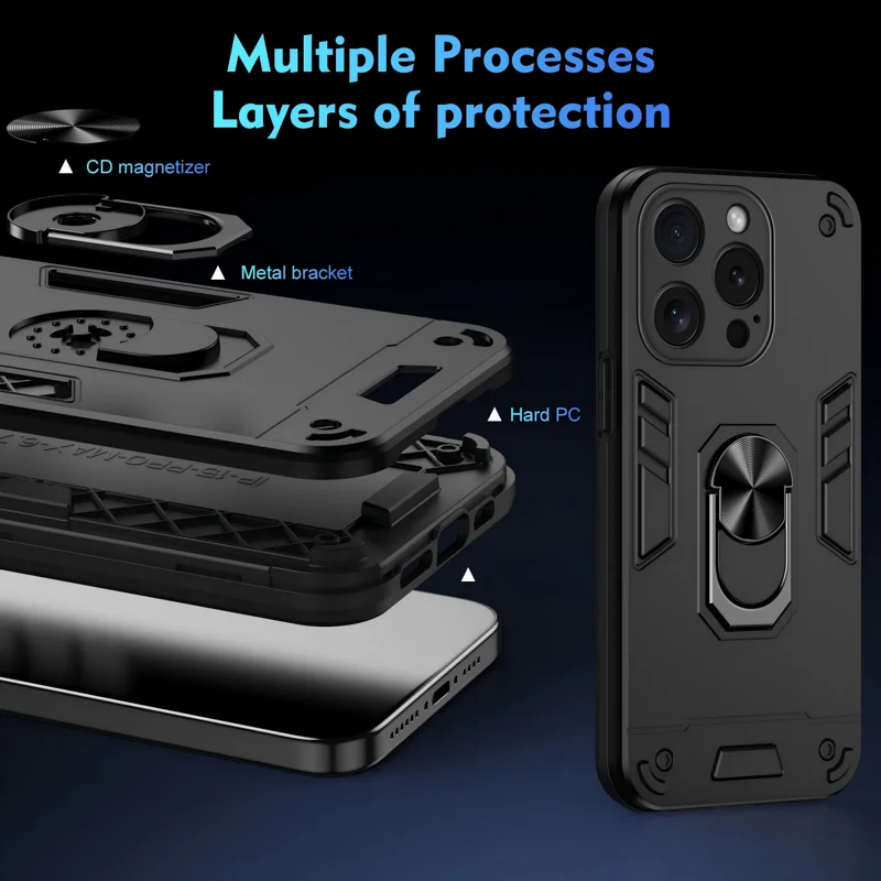 WANLONFENG for iPhone 16 Pro YS Series Case Kicktand Shockproof PC TPU Phone Cover with 2Pcs Tempered Glass Film - Black - 8