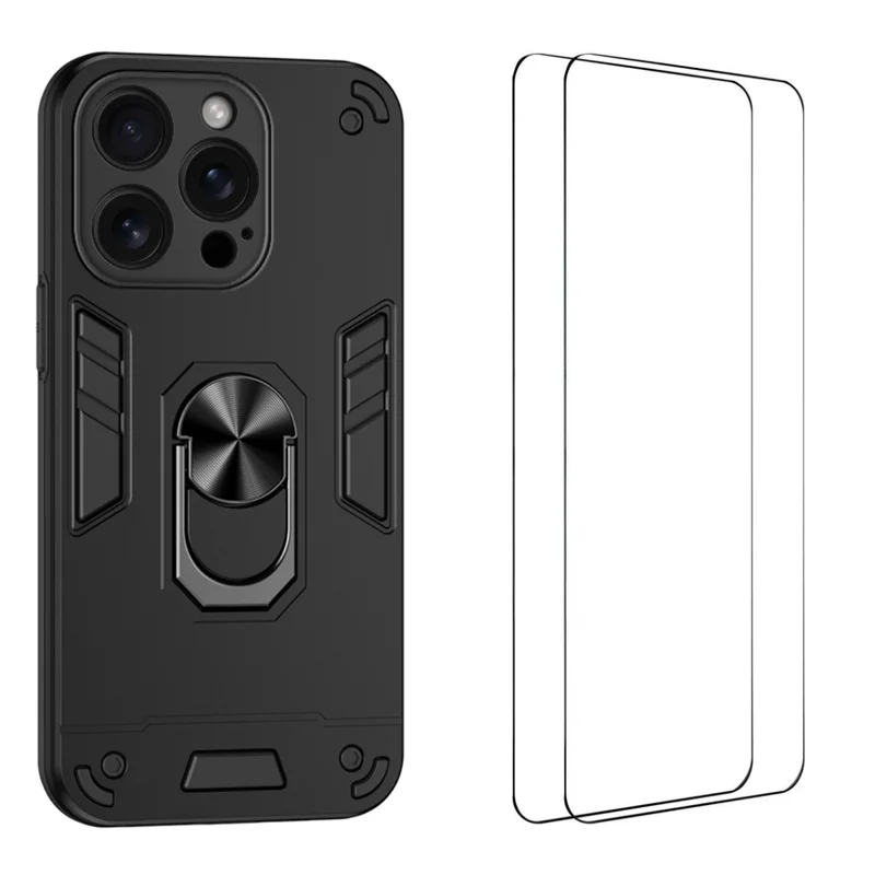 WANLONFENG for iPhone 15 Pro Max YS Series Case Kicktand Shockproof PC TPU Phone Cover with 2Pcs Tempered Glass Film - Black - 1