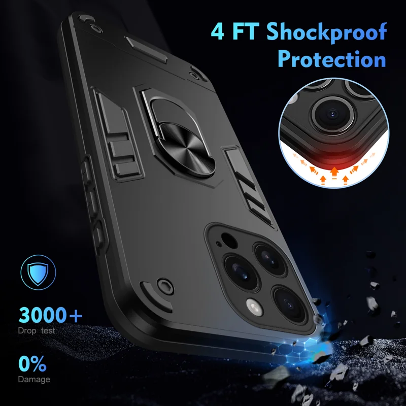 WANLONFENG for iPhone 15 Pro Max YS Series Case Kicktand Shockproof PC TPU Phone Cover with 2Pcs Tempered Glass Film - Black - 5