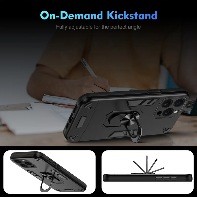 WANLONFENG for iPhone 15 Pro Max YS Series Case Kicktand Shockproof PC TPU Phone Cover with 2Pcs Tempered Glass Film - Black - 7