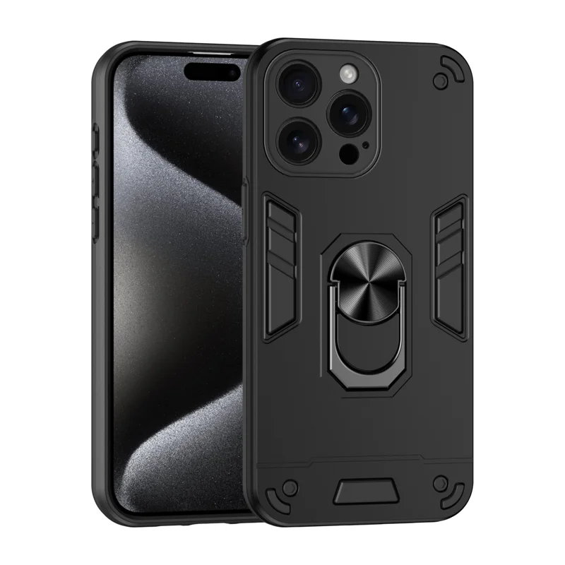 WANLONFENG for iPhone 15 Pro YS Series Case Kicktand Shockproof PC TPU Phone Cover with 2Pcs Tempered Glass Film - Black - 2