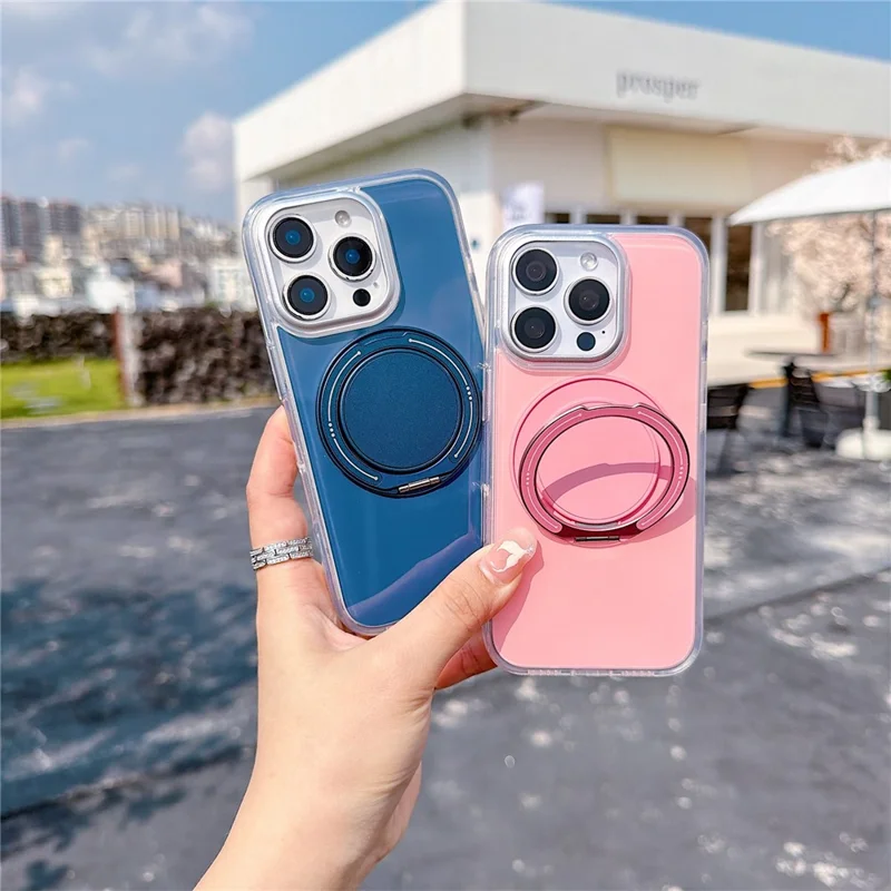 For iPhone 16 Pro Case Rotating Ring Holder Kickstand TPU + Acrylic Shockproof Phone Cover - Orange - 3