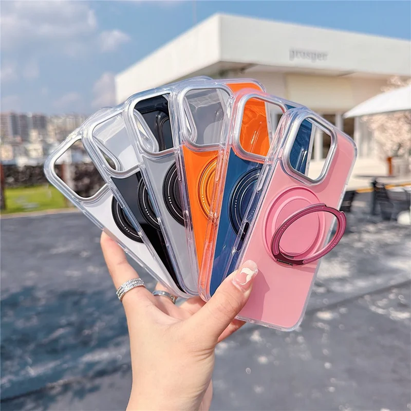 For iPhone 16 Pro Case Rotating Ring Holder Kickstand TPU + Acrylic Shockproof Phone Cover - Orange - 6