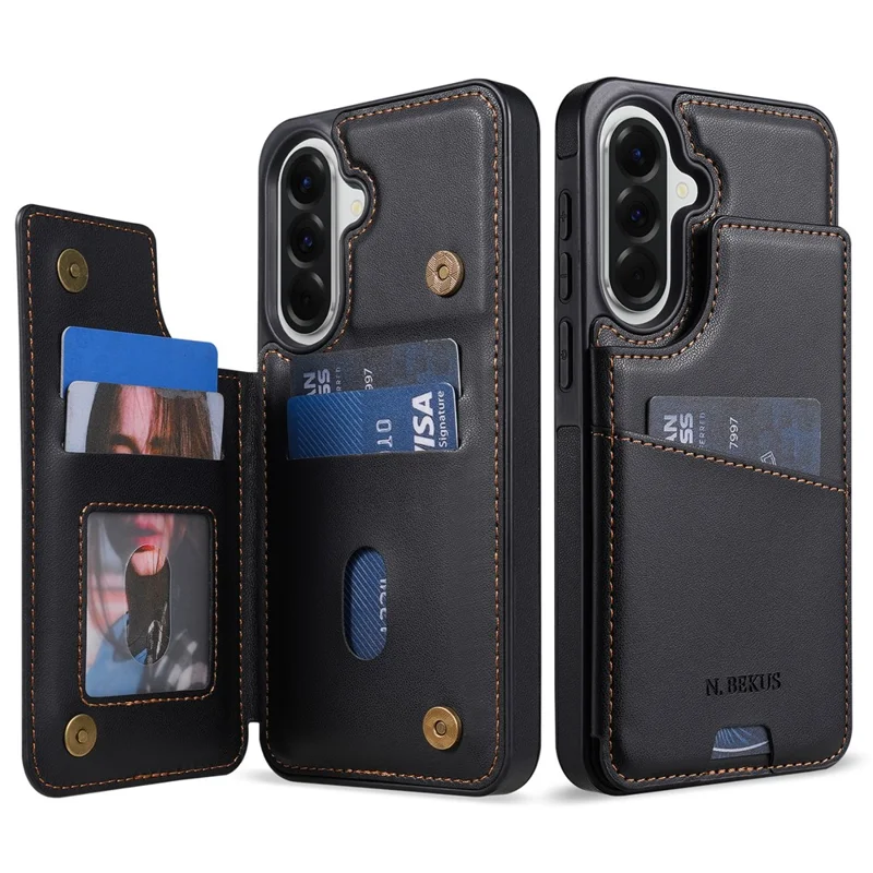 N.BEKUS P4 for Samsung Galaxy S26+ Case Magnetic Buttons Leather + TPU Phone Cover with Card Holder Kickstand - Black - 1