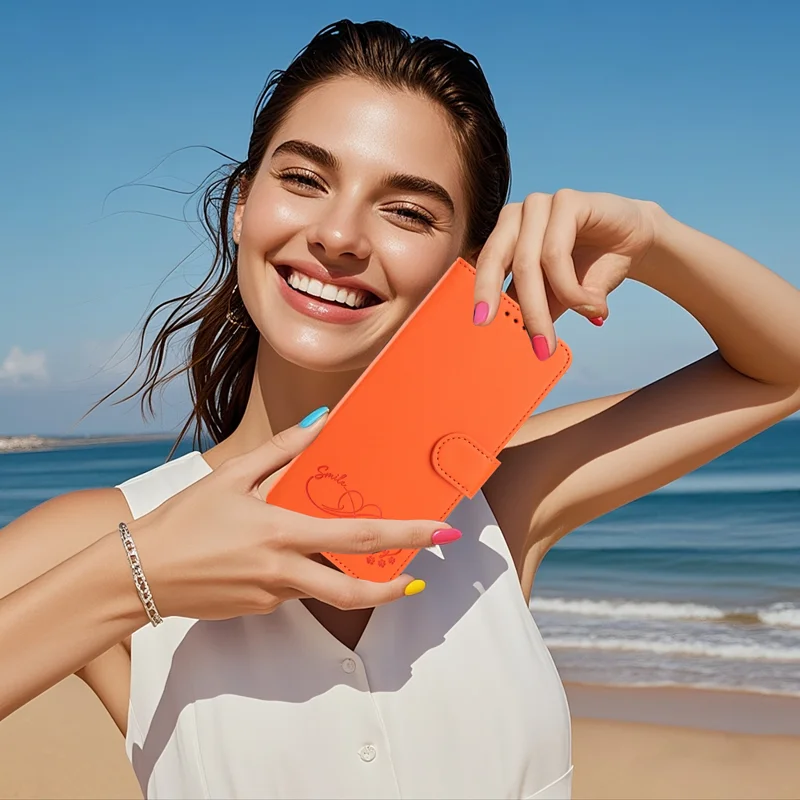 For iPhone 18 / iPhone 17 Case PU Leather Heart Pattern Wallet Flip Phone Cover with Hand Strap - Orange - 10