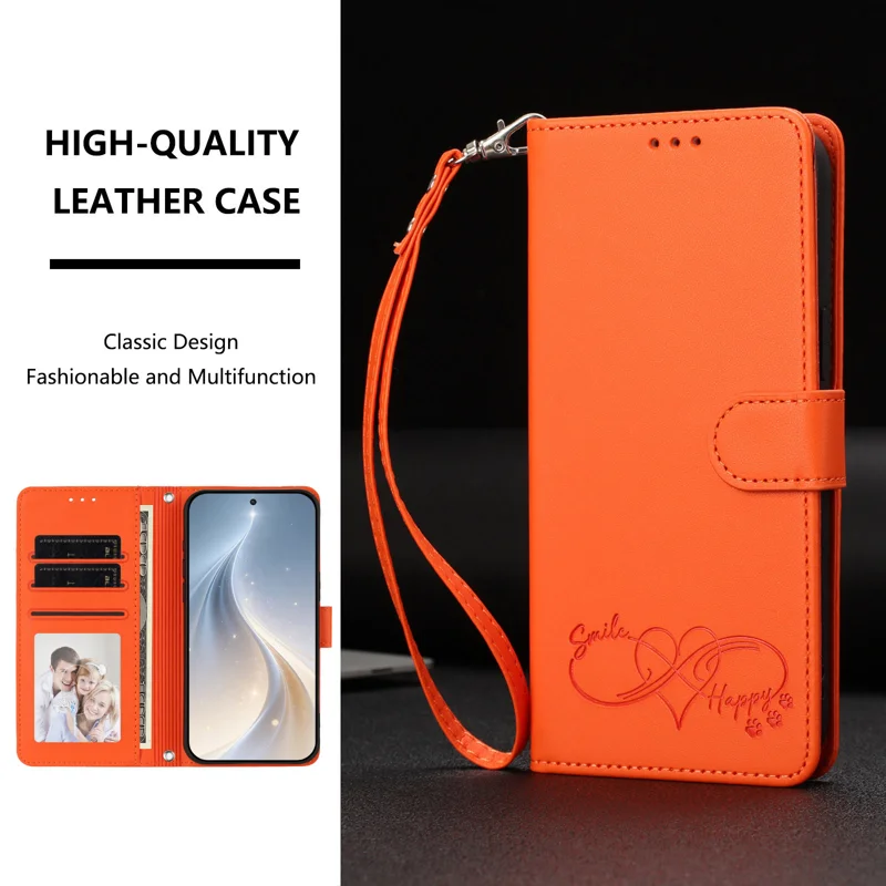 For iPhone 18 / iPhone 17 Case PU Leather Heart Pattern Wallet Flip Phone Cover with Hand Strap - Orange - 11