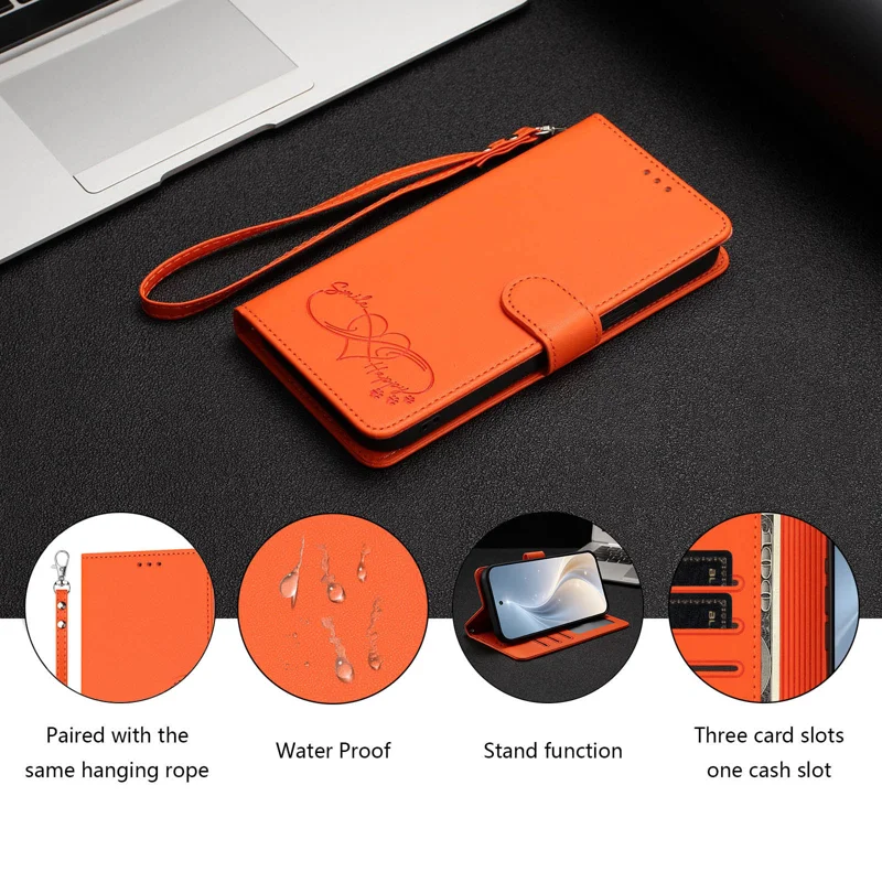 For iPhone 18 / iPhone 17 Case PU Leather Heart Pattern Wallet Flip Phone Cover with Hand Strap - Orange - 12
