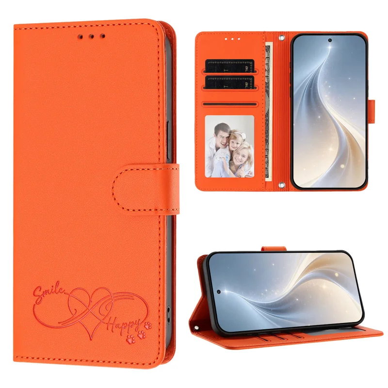 For iPhone 18 / iPhone 17 Case PU Leather Heart Pattern Wallet Flip Phone Cover with Hand Strap - Orange - 4