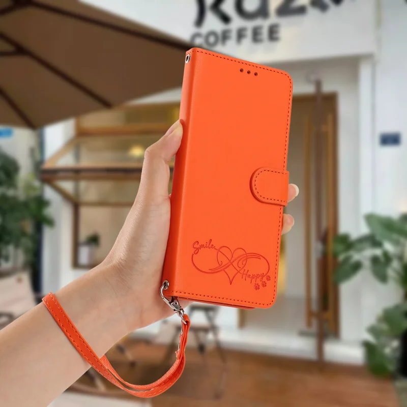 For iPhone 18 / iPhone 17 Case PU Leather Heart Pattern Wallet Flip Phone Cover with Hand Strap - Orange - 5