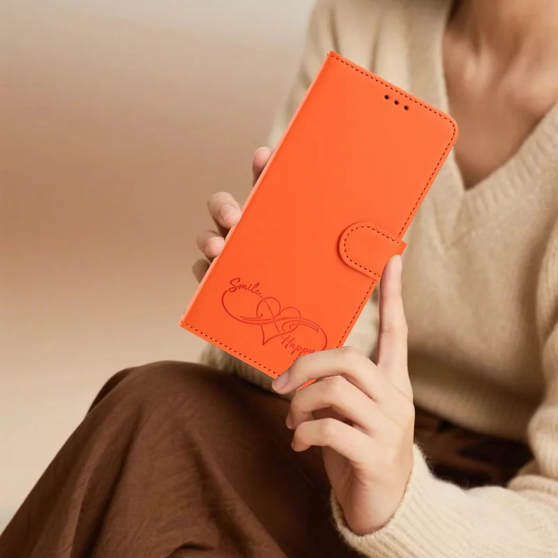 For iPhone 18 / iPhone 17 Case PU Leather Heart Pattern Wallet Flip Phone Cover with Hand Strap - Orange - 8