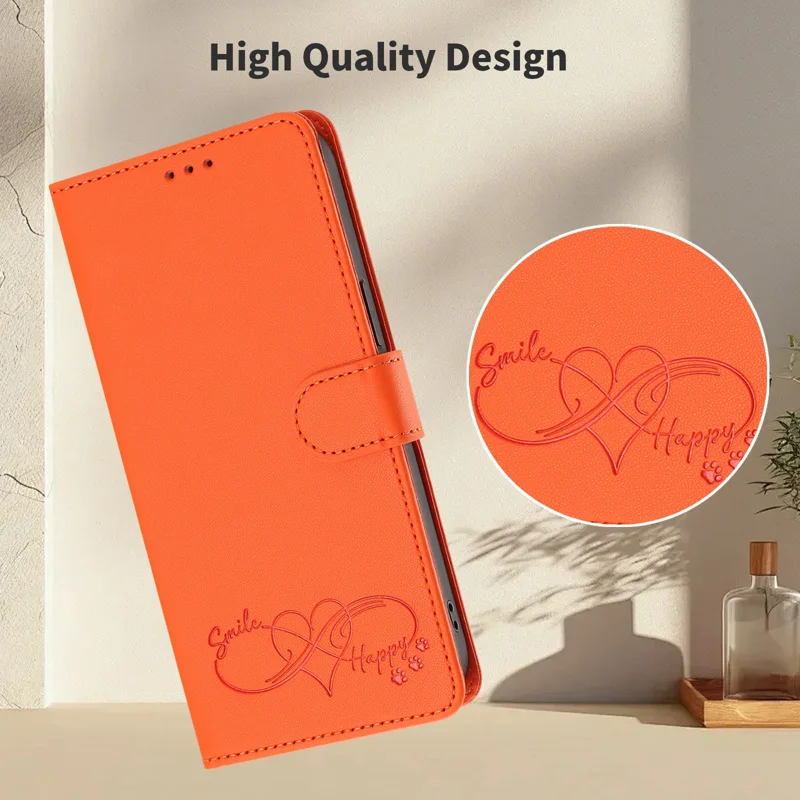 For iPhone 18 / iPhone 17 Case PU Leather Heart Pattern Wallet Flip Phone Cover with Hand Strap - Orange - 9