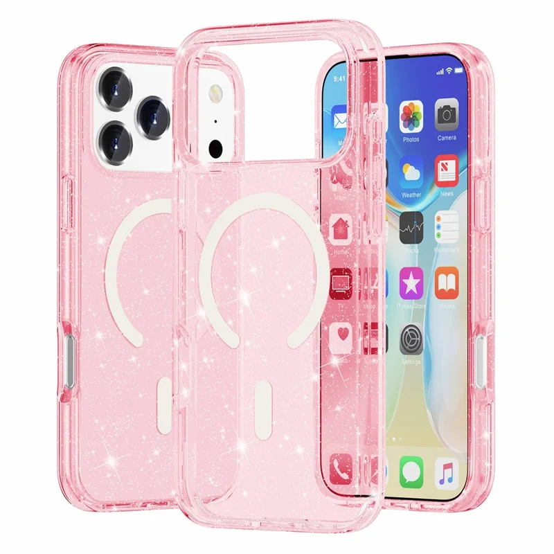 For iPhone 18 Pro Max Magnetic Case Glitter Powder PC + TPU Phone Cover - Pink - 1