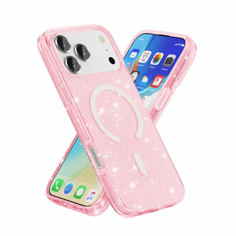 For iPhone 18 Pro Max Magnetic Case Glitter Powder PC + TPU Phone Cover - Pink - 2