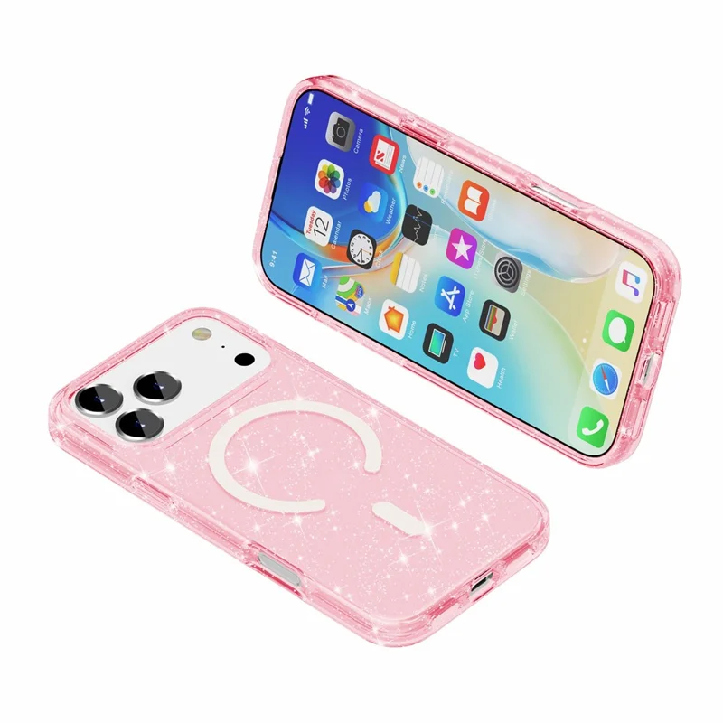 For iPhone 18 Pro Max Magnetic Case Glitter Powder PC + TPU Phone Cover - Pink - 7