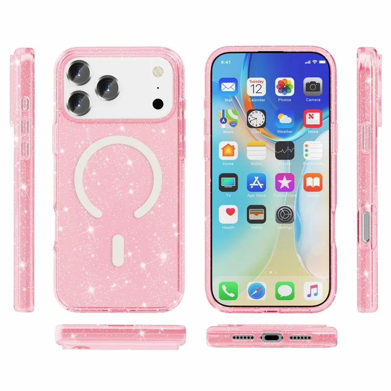 For iPhone 18 Pro Max Magnetic Case Glitter Powder PC + TPU Phone Cover - Pink - 9
