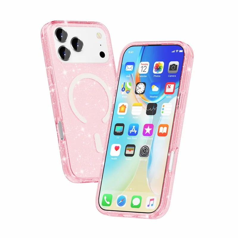 For iPhone 18 Pro Magnetic Case Glitter Powder PC + TPU Phone Cover - Pink - 3