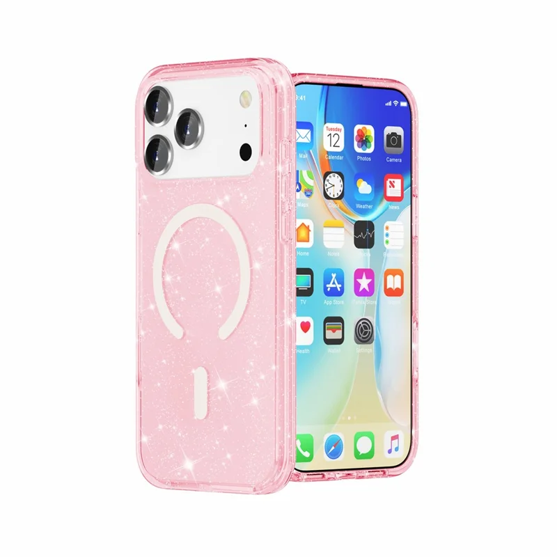 For iPhone 18 Pro Magnetic Case Glitter Powder PC + TPU Phone Cover - Pink - 4
