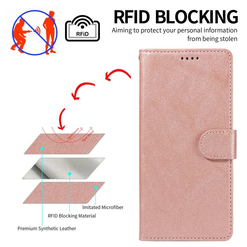For iPhone 18 / iPhone 17 Case with Wrist Strap RFID Blocking Wallet Cowhide Texture Leather Phone Cover - Rose Gold - 11