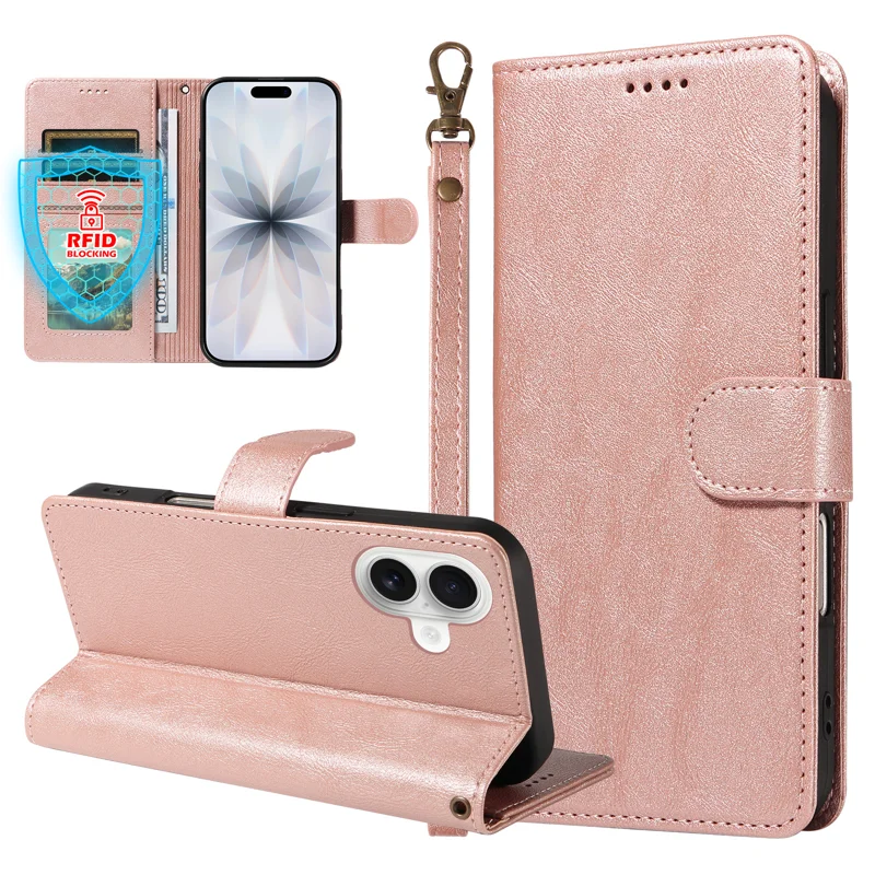 For iPhone 18 / iPhone 17 Case with Wrist Strap RFID Blocking Wallet Cowhide Texture Leather Phone Cover - Rose Gold - 3
