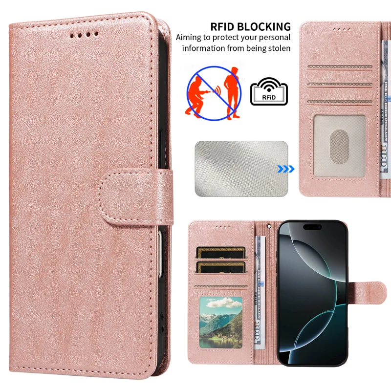 For iPhone 18 / iPhone 17 Case with Wrist Strap RFID Blocking Wallet Cowhide Texture Leather Phone Cover - Rose Gold - 5