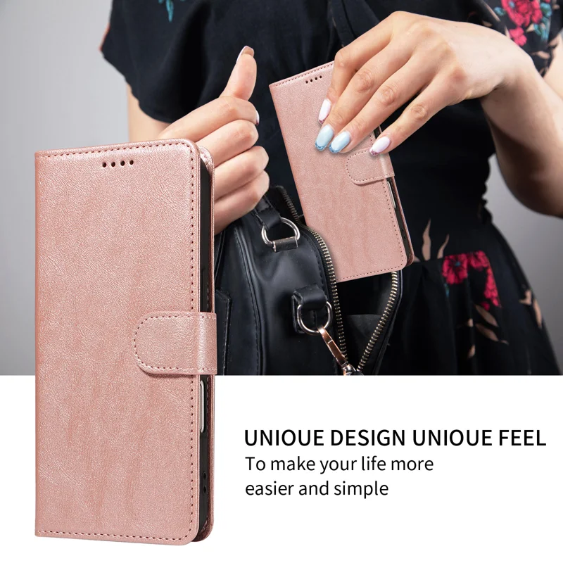 For iPhone 18 / iPhone 17 Case with Wrist Strap RFID Blocking Wallet Cowhide Texture Leather Phone Cover - Rose Gold - 6