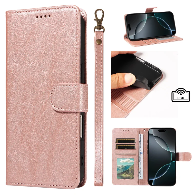 For iPhone 18 / iPhone 17 Case with Wrist Strap RFID Blocking Wallet Cowhide Texture Leather Phone Cover - Rose Gold - 8