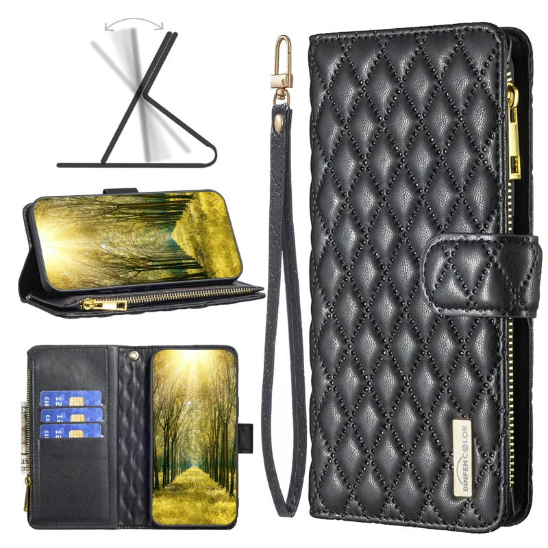BINFEN COLOR for iPhone Air BF Style-15 Leather Case Zipper Pocket Rhombus Phone Cover - Black - 4