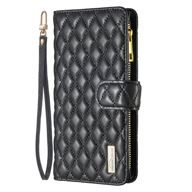 BINFEN COLOR for iPhone 16e / iPhone 17e BF Style-15 Leather Case Zipper Pocket Rhombus Phone Cover - Black - 2