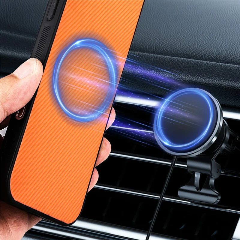 For iPhone 16e / 17e Case Carbon Fiber Texture Leather Coated TPU PC Phone Cover with Metal Ring for Magnetic Car Mount - Orange - 4