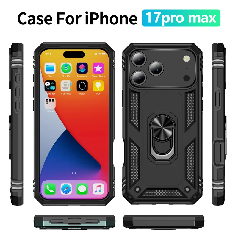 For iPhone 18 Pro Max Case PC + TPU Phone Cover with Kickstand - Black - 5