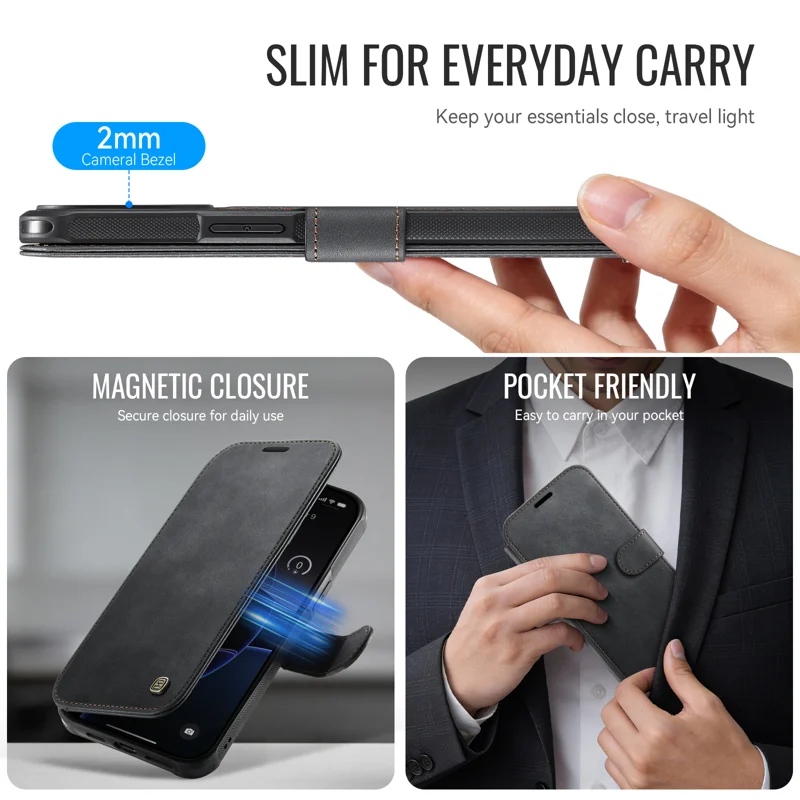 AUTSPACE for iPhone 15 Pro Max A15 Case RFID Blocking Wallet Leather Magnetic Phone Cover - Black - 4