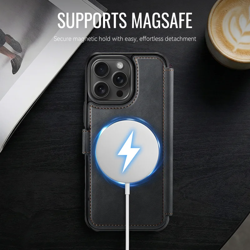 AUTSPACE for iPhone 15 Pro Max A15 Case RFID Blocking Wallet Leather Magnetic Phone Cover - Black - 9