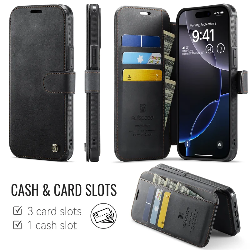 AUTSPACE for iPhone 15 Pro A15 Case RFID Blocking Wallet Leather Magnetic Phone Cover - Black - 2