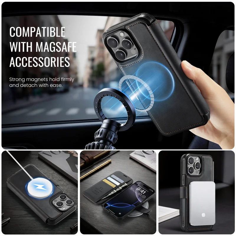 AUTSPACE for iPhone 15 Pro A15 Case RFID Blocking Wallet Leather Magnetic Phone Cover - Black - 6