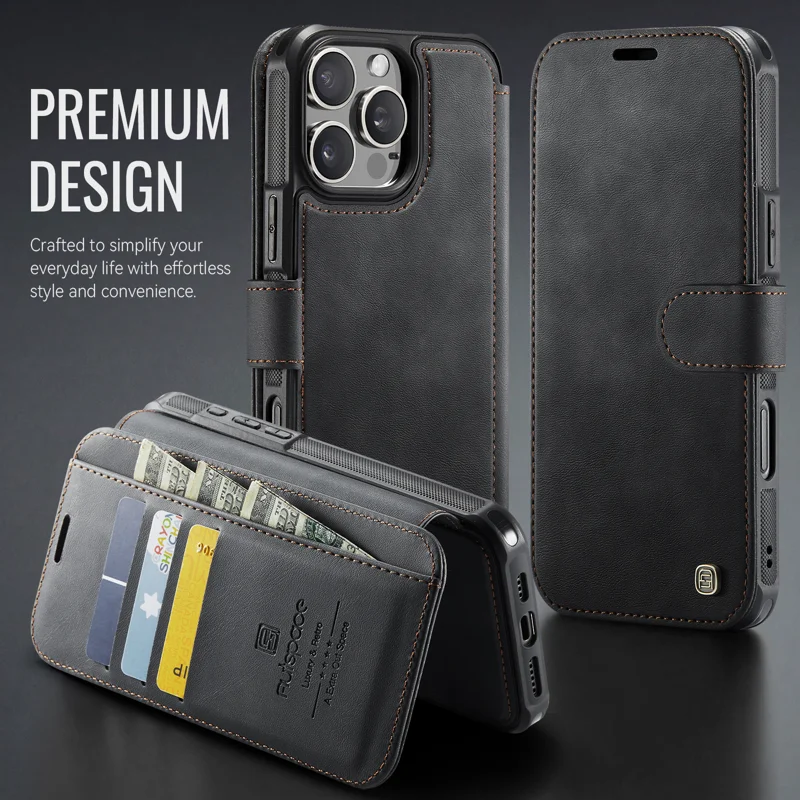 AUTSPACE for iPhone 16 Pro Max A15 Case RFID Blocking Wallet Leather Magnetic Phone Cover - Black - 11