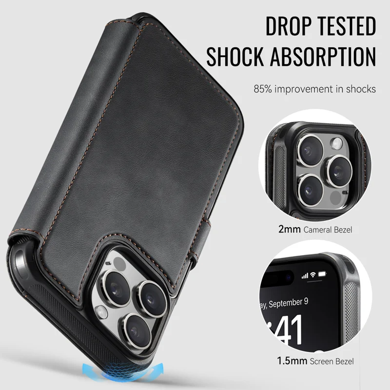 AUTSPACE for iPhone 16 Pro Max A15 Case RFID Blocking Wallet Leather Magnetic Phone Cover - Black - 3