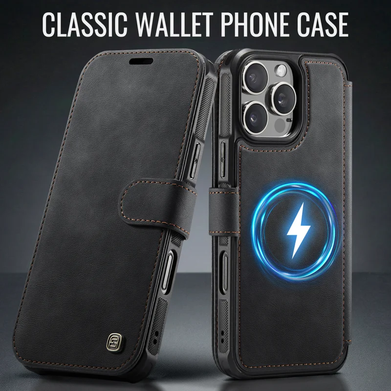 AUTSPACE for iPhone 16 Pro A15 Case RFID Blocking Wallet Leather Magnetic Phone Cover - Black - 12