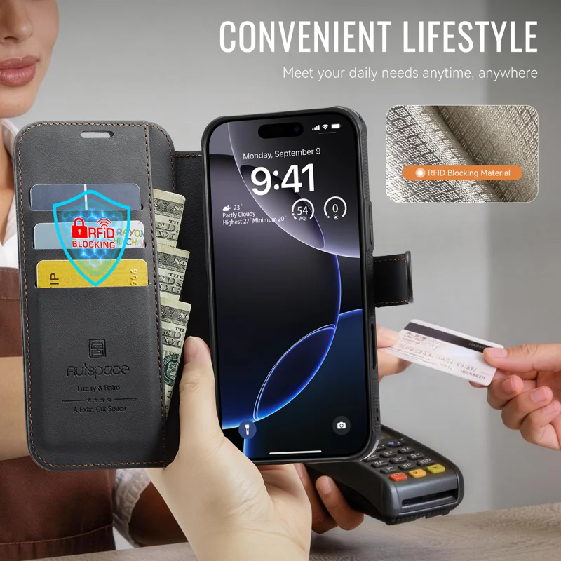 AUTSPACE for iPhone 16 Pro A15 Case RFID Blocking Wallet Leather Magnetic Phone Cover - Black - 7