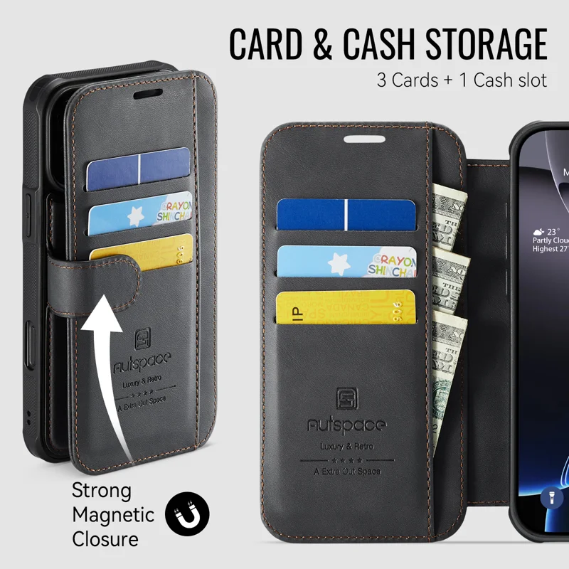 AUTSPACE for iPhone 16 Pro A15 Case RFID Blocking Wallet Leather Magnetic Phone Cover - Black - 8