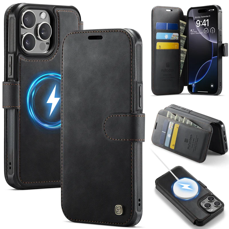 AUTSPACE for iPhone 14 Pro Max A15 Case RFID Blocking Wallet Leather Magnetic Phone Cover - Black - 1