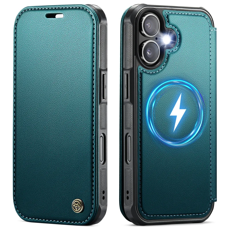 CASEME for iPhone 16 Case 053 Magnetic RFID Blocking Wallet Flip Leather Phone Cover - Blue Green - 1