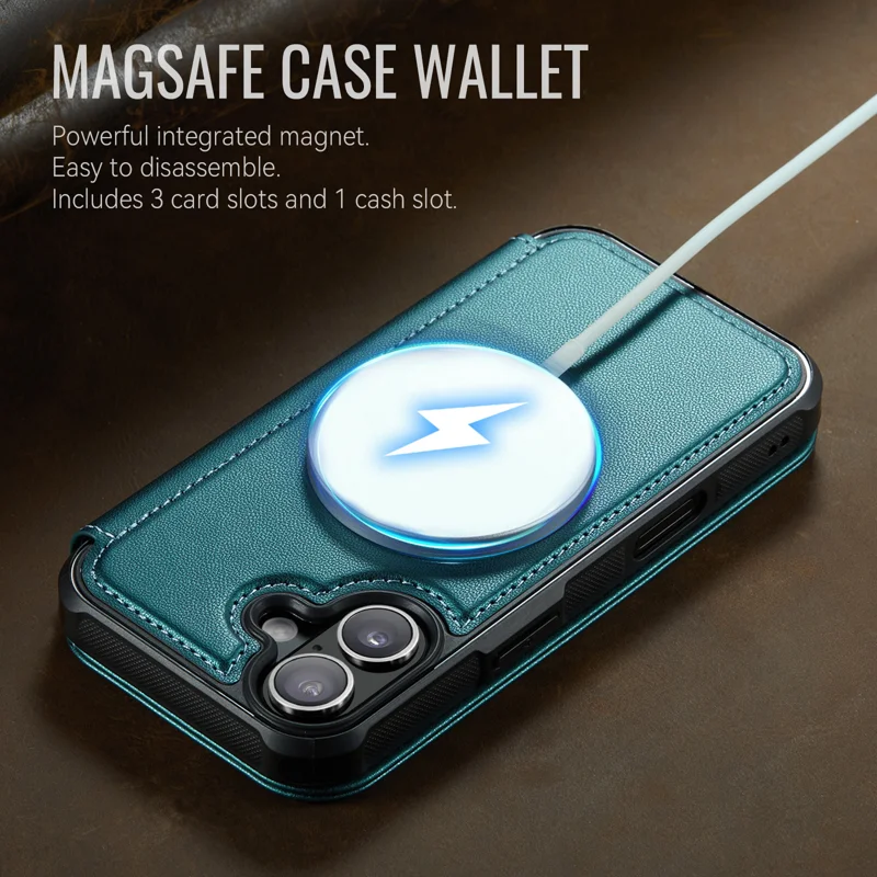 CASEME for iPhone 16 Case 053 Magnetic RFID Blocking Wallet Flip Leather Phone Cover - Blue Green - 4
