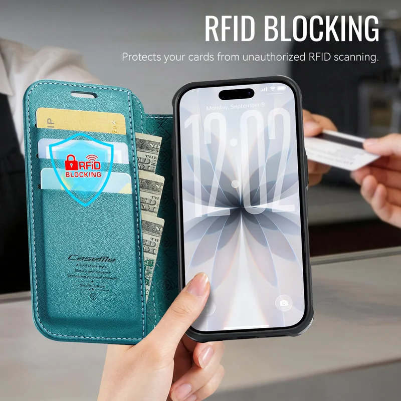 CASEME for iPhone 16 Case 053 Magnetic RFID Blocking Wallet Flip Leather Phone Cover - Blue Green - 5