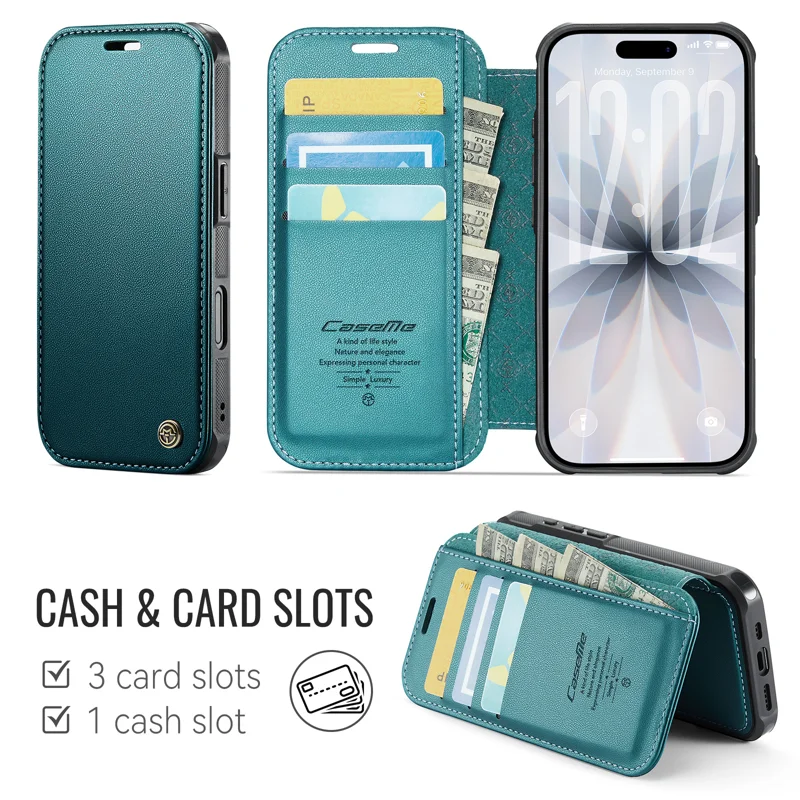 CASEME for iPhone 16 Plus Case 053 Magnetic RFID Blocking Wallet Flip Leather Phone Cover - Blue Green - 2