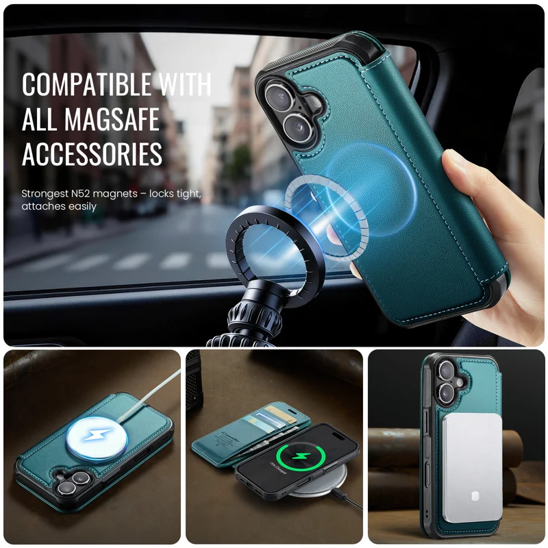 CASEME for iPhone 16 Plus Case 053 Magnetic RFID Blocking Wallet Flip Leather Phone Cover - Blue Green - 3