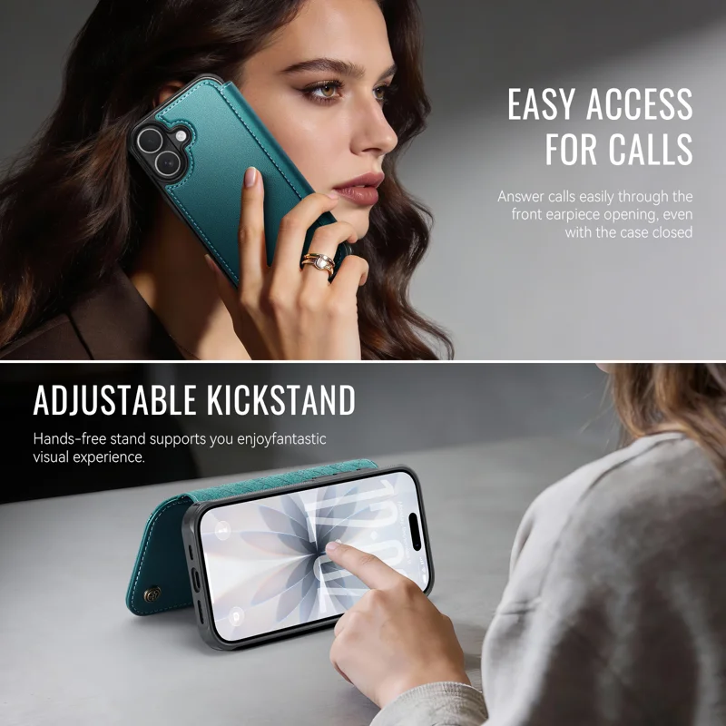 CASEME for iPhone 16 Plus Case 053 Magnetic RFID Blocking Wallet Flip Leather Phone Cover - Blue Green - 6