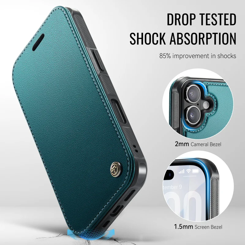 CASEME for iPhone 16 Plus Case 053 Magnetic RFID Blocking Wallet Flip Leather Phone Cover - Blue Green - 7