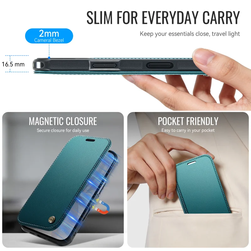 CASEME for iPhone 16 Plus Case 053 Magnetic RFID Blocking Wallet Flip Leather Phone Cover - Blue Green - 8